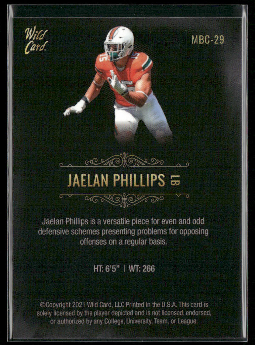 Jaelan Phillips 2021 Wild Card Matte White Black #MBC-29 Miami Hurricanes