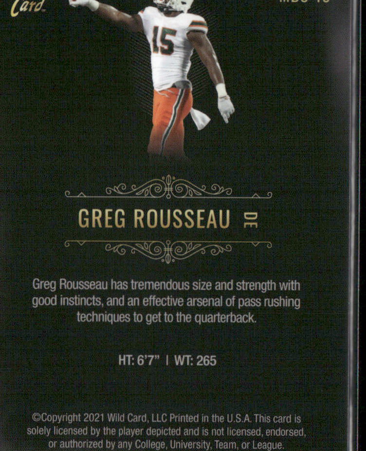 Greg Rousseau 2021 Wild Card Matte White Black #MBC-19 Miami Hurricanes