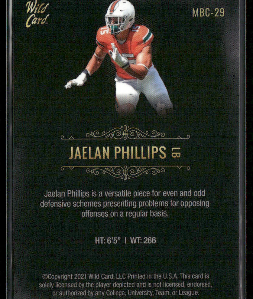 Jaelan Phillips 2021 Wild Card Matte White Black #MBC-29 Miami Hurricanes back