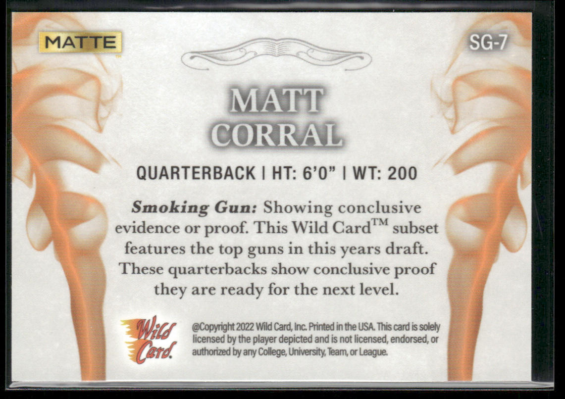 Matt Corral 2022 Wild Card Matte Smoking Guns White/Orange #SG-7 Ole Miss Rebels