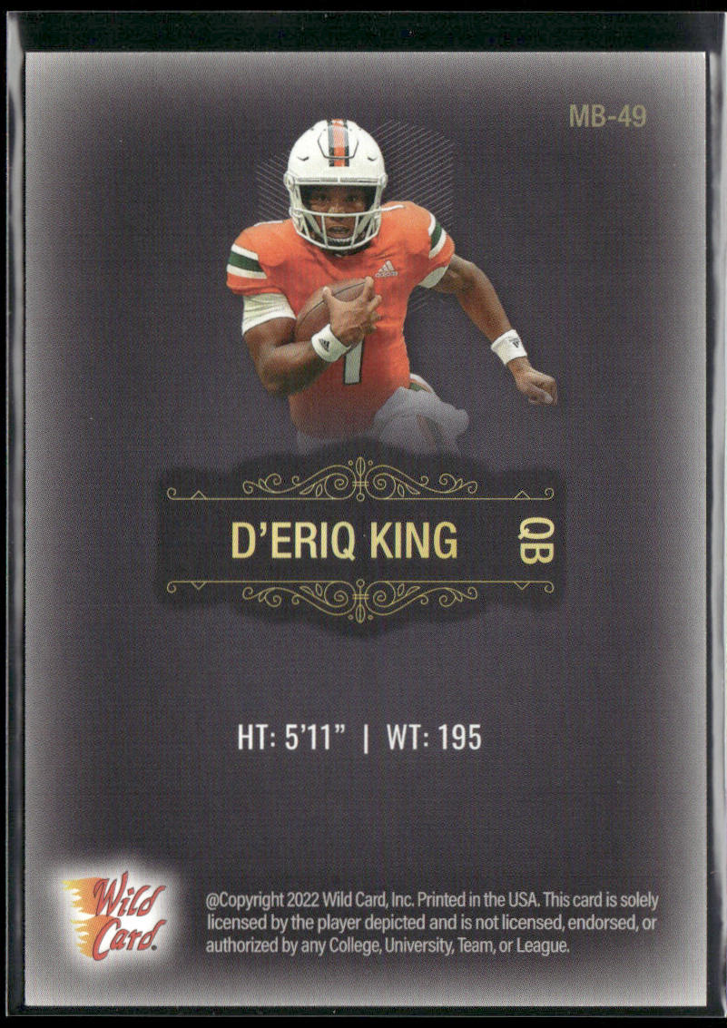 D'Eriq King 2022 Wild Card Matte Black #MB-49 Miami Hurricanes back
