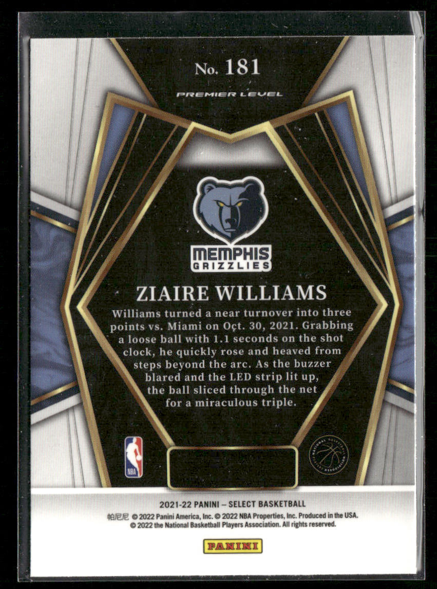 Ziaire Williams 2021-22 Panini Select #181 RC Memphis Grizzlies