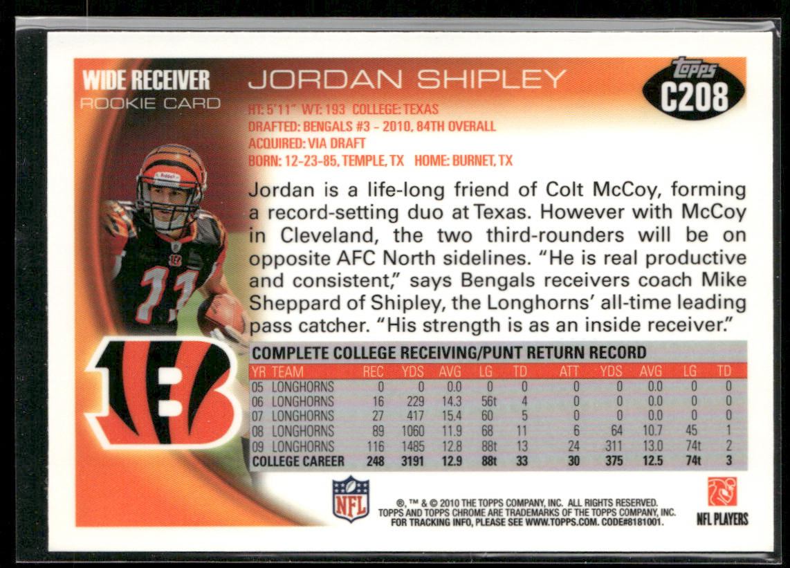 Jordan Shipley 2010 Topps Chrome #C208 RC Cincinnati Bengals