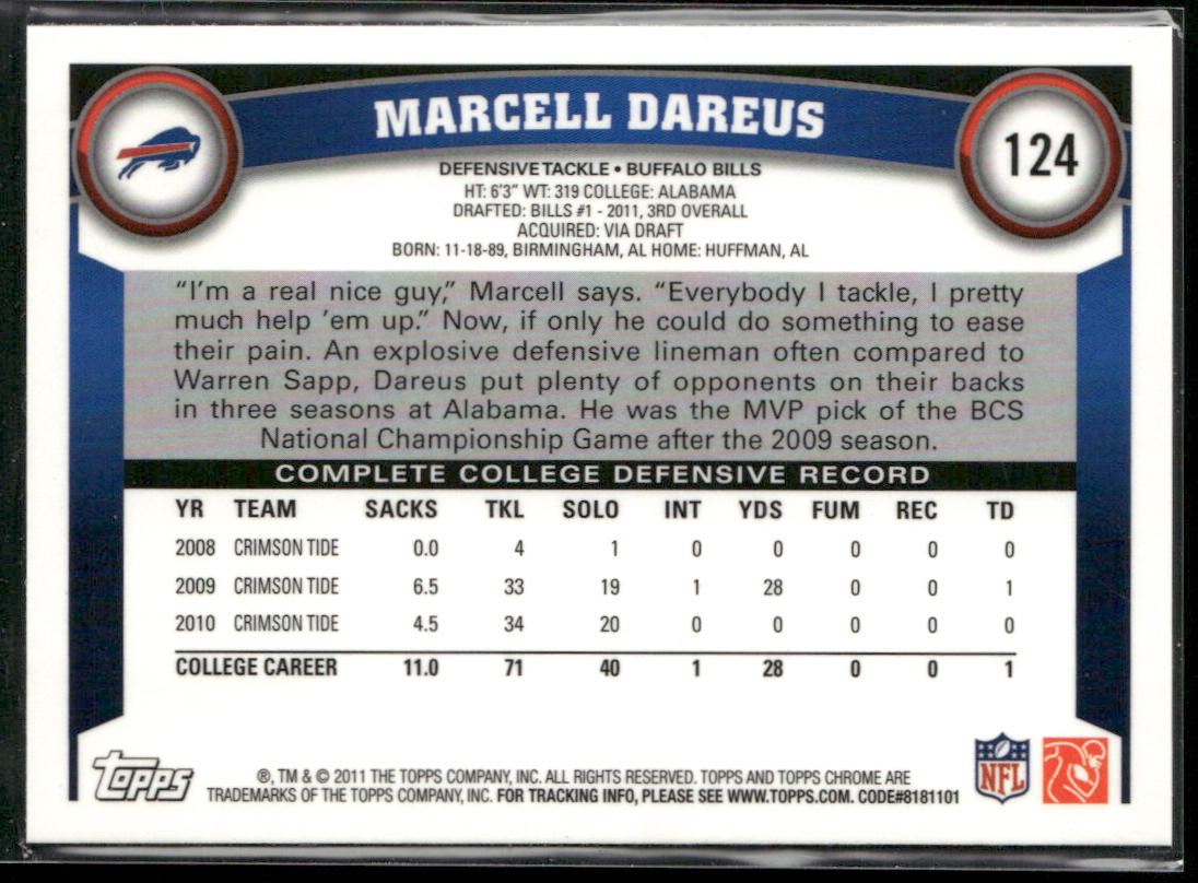 Marcell Dareus 2011 Topps Chrome #124 RC Buffalo Bills