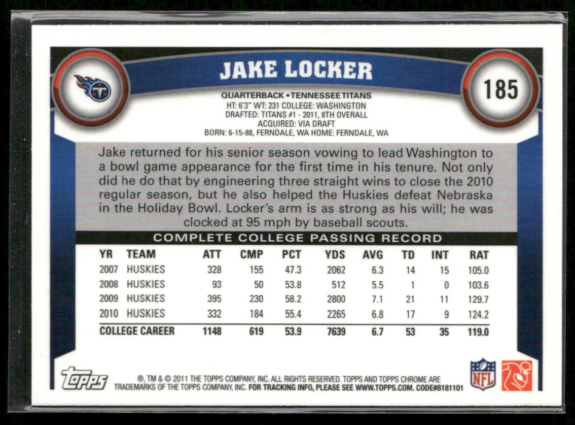 Jake Locker 2011 Topps Chrome #185 RC Tennessee Titans
