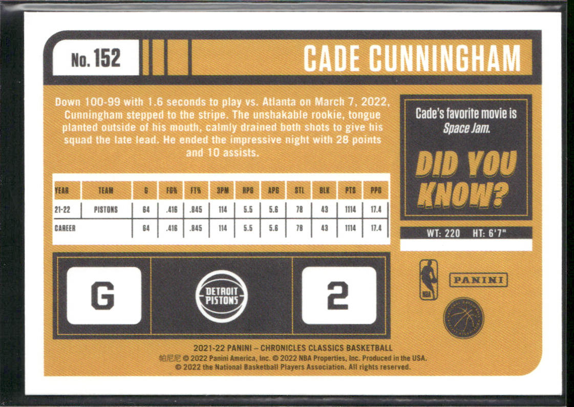 Cade Cunningham 2021-22 Panini Chronicles #152 RC Detroit Pistons