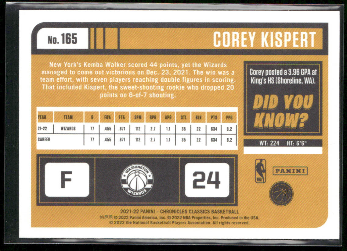 Corey Kispert 2021-22 Panini Chronicles #165 RC Washington Wizards
