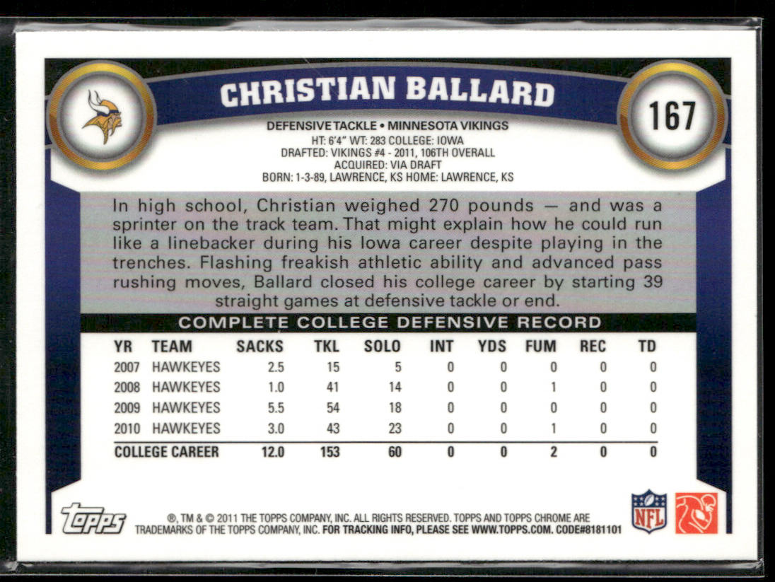 Christian Ballard 2011 Topps Chrome #167 RC Minnesota Vikings