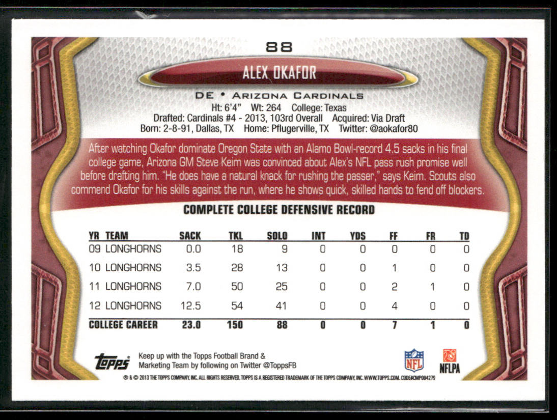 Alex Okafor 2013 Topps #88 RC Arizona Cardinals