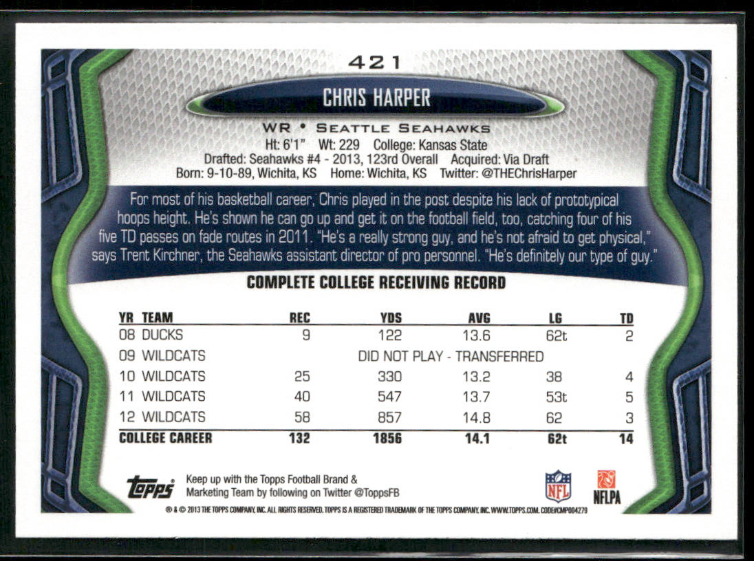 Chris Harper 2013 Topps #421 RC Seattle Seahawks