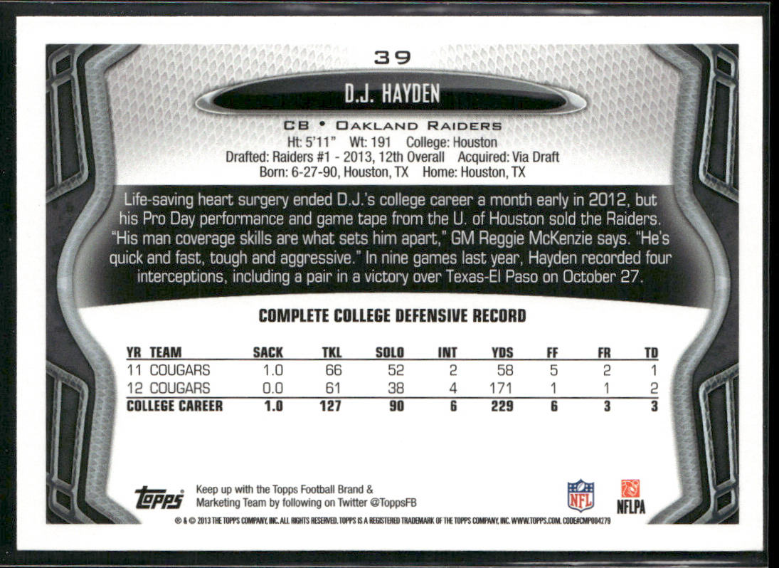 D.J. Hayden 2013 Topps #39 RC Oakland Raiders