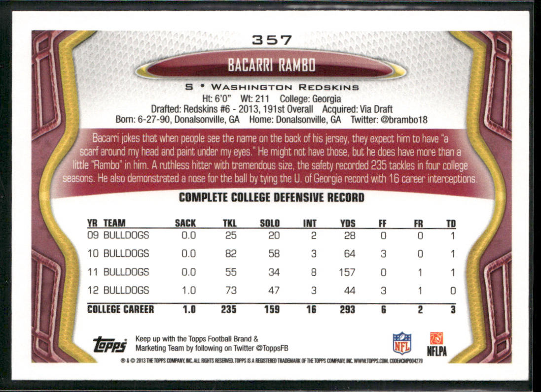 Bacarri Rambo 2013 Topps #357 RC Washington Redskins