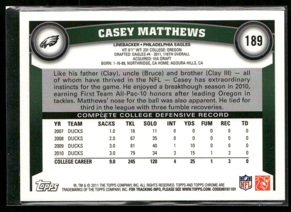 Casey Matthews 2011 Topps Chrome #189 RC Philadelphia Eagles