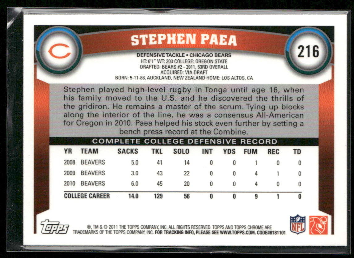 Stephen Paea 2011 Topps Chrome #216 RC Chicago Bears