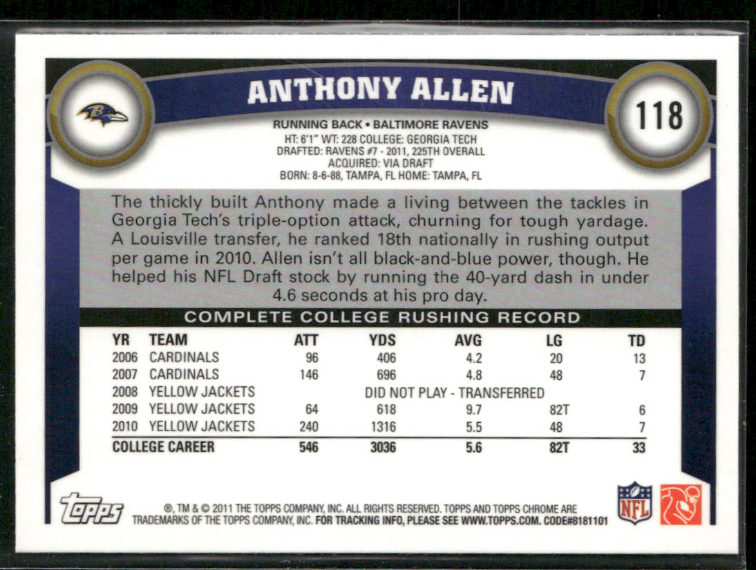 Anthony Allen 2011 Topps Chrome #118 RC Baltimore Ravens