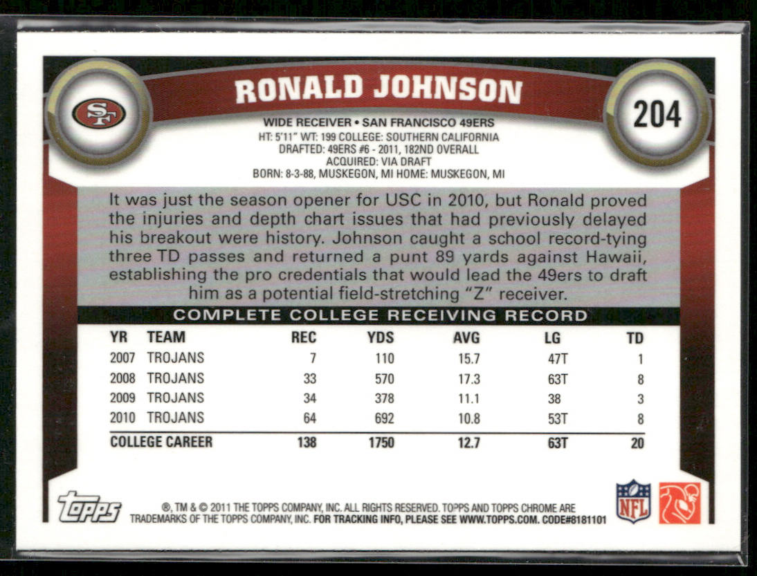 Ronald Johnson 2011 Topps Chrome #204 RC San Francisco 49ers