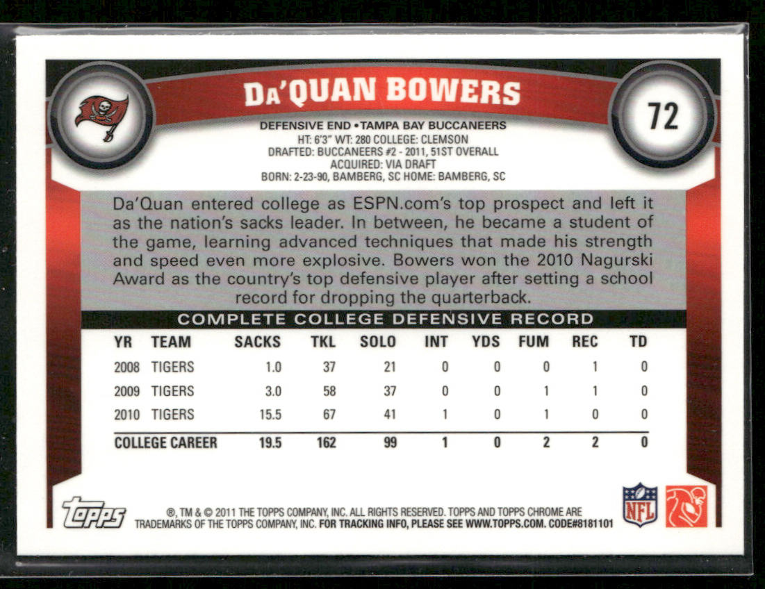 Da'Quan Bowers 2011 Topps Chrome #72 RC Tampa Bay Buccaneers