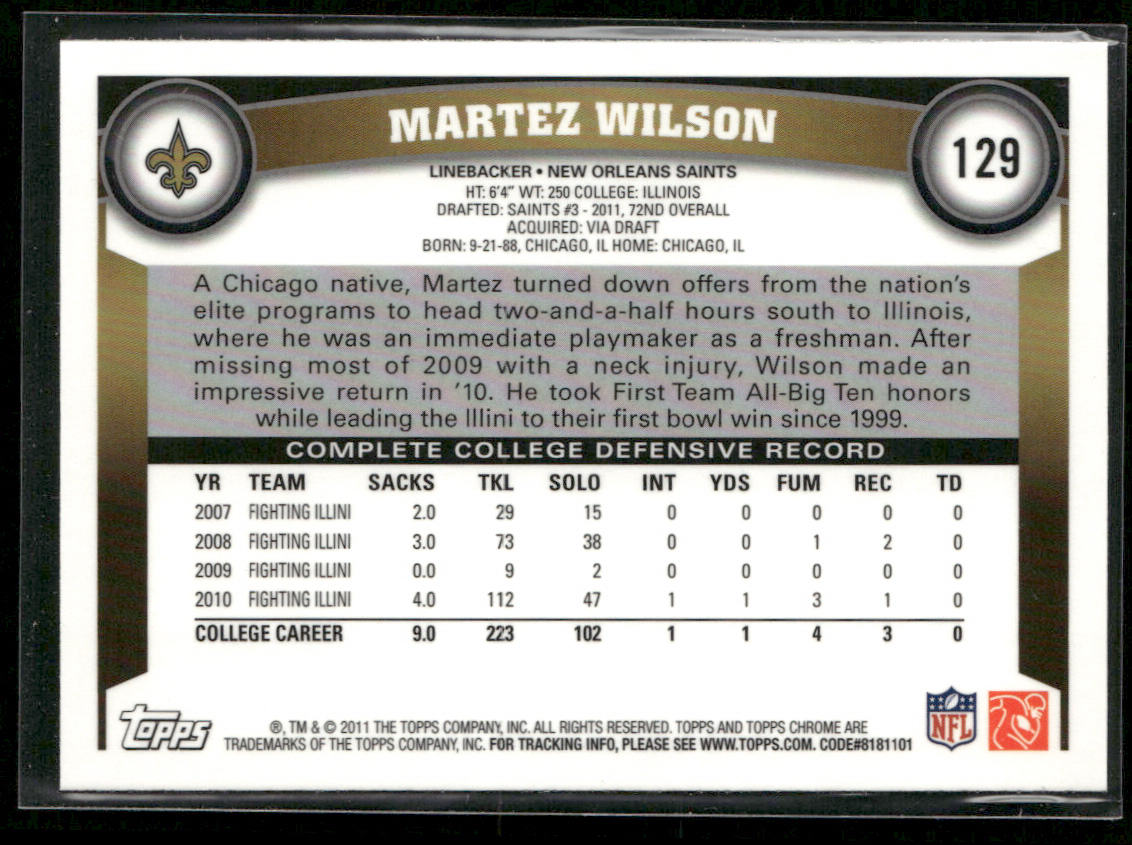 Martez Wilson 2011 Topps Chrome #129 RC New Orleans Saints