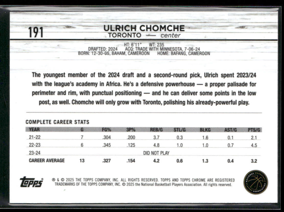 Ulrich Chomche 2024-25 Topps Chrome #191 RC Toronto Raptors