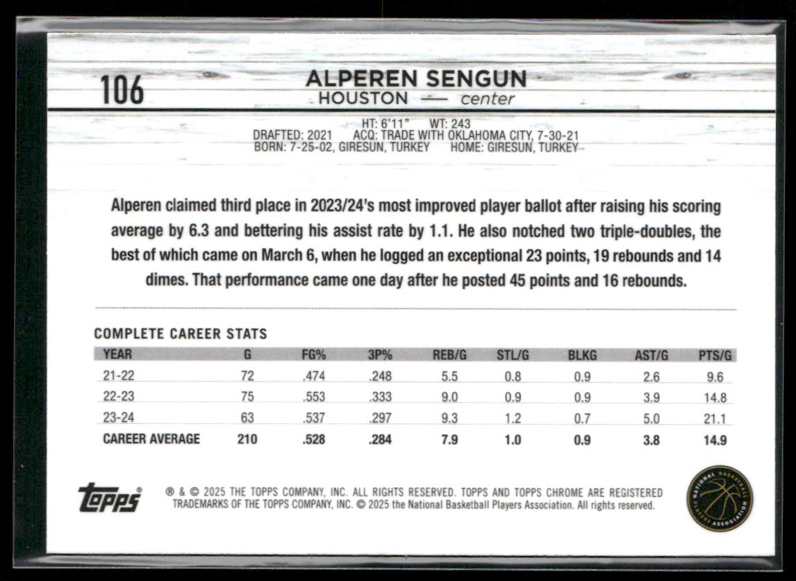 Alperen Sengun 2024-25 Topps Chrome #106 Houston Rockets back