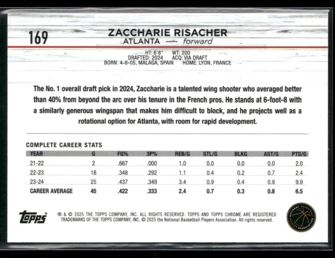 Zaccharie Risacher 2024-25 Topps Chrome #169 RC Atlanta Hawks
