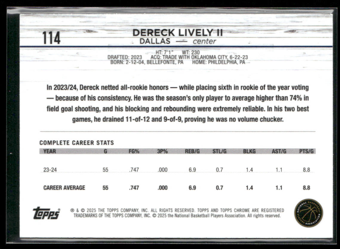 Dereck Lively II 2024-25 Topps Chrome #114 Dallas Mavericks back