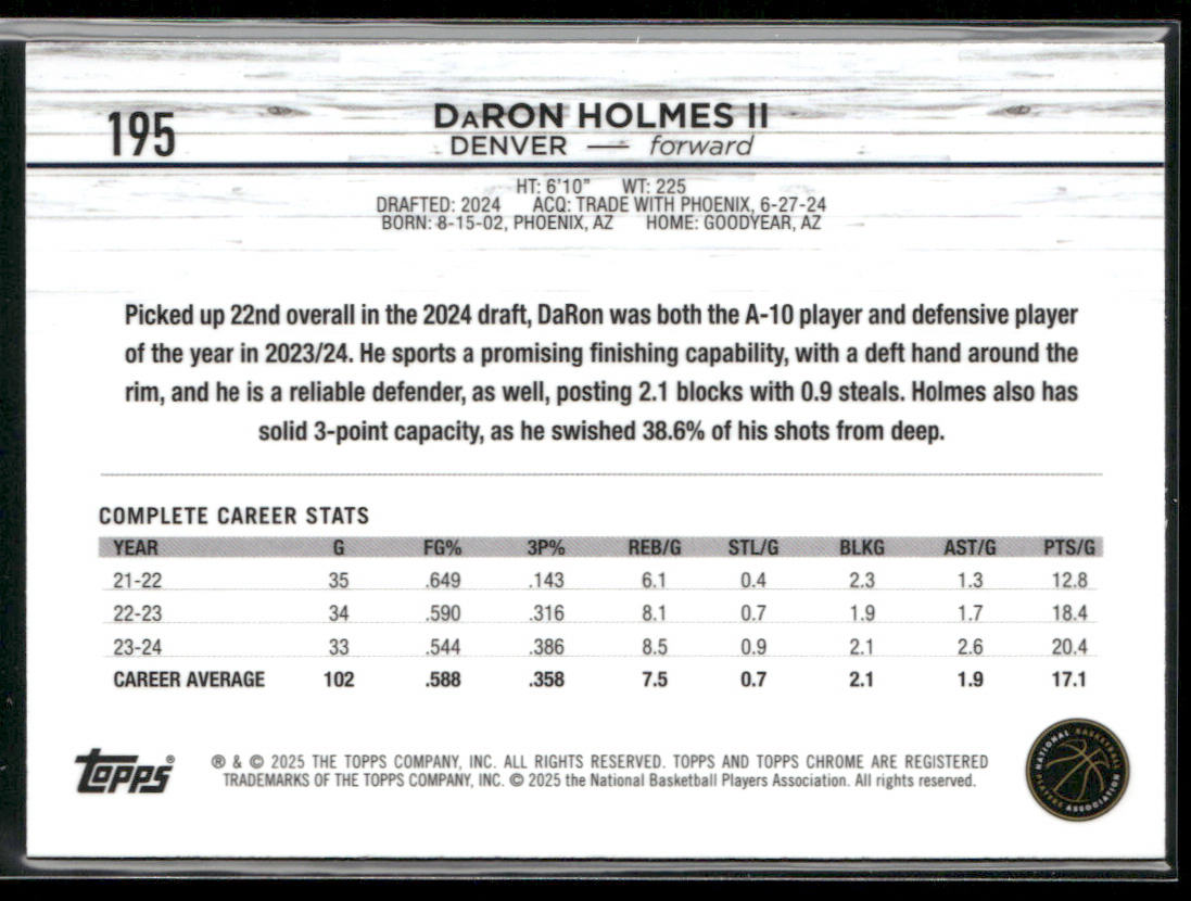 DaRon Holmes II 2024-25 Topps Chrome #195 RC Denver Nuggets