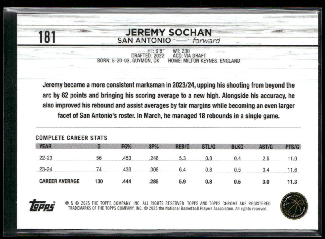 Jeremy Sochan 2024-25 Topps Chrome #181 San Antonio Spurs back
