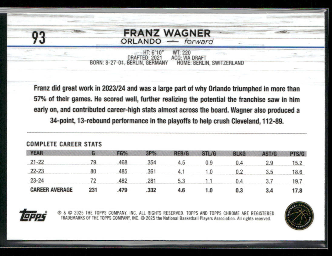 Franz Wagner 2024-25 Topps Chrome #93 Orlando Magic back
