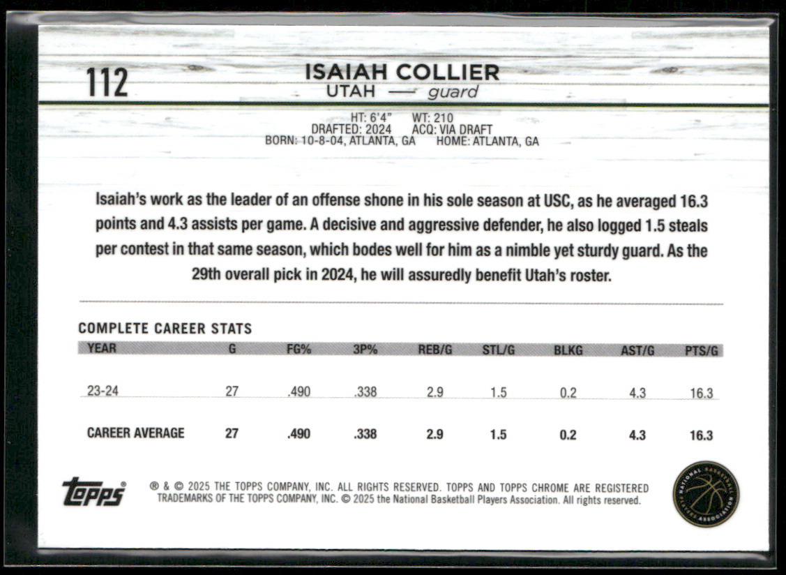 Isaiah Collier 2024-25 Topps Chrome #112 RC Utah Jazz back