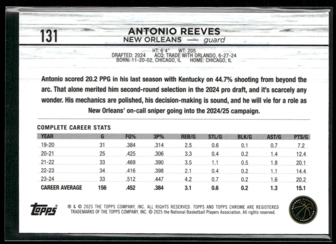 Antonio Reeves 2024-25 Topps Chrome #131 RC New Orleans Pelicans back