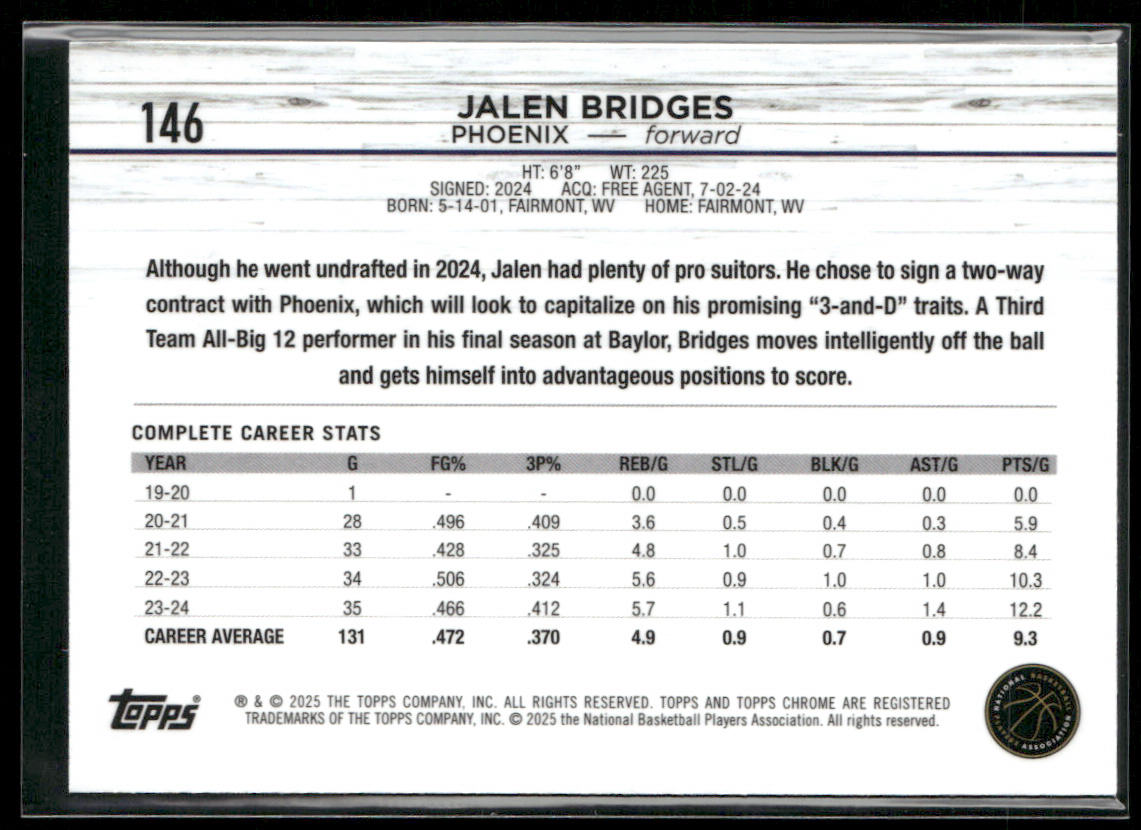 Jalen Bridges 2024-25 Topps Chrome #146 RC Phoenix Suns back