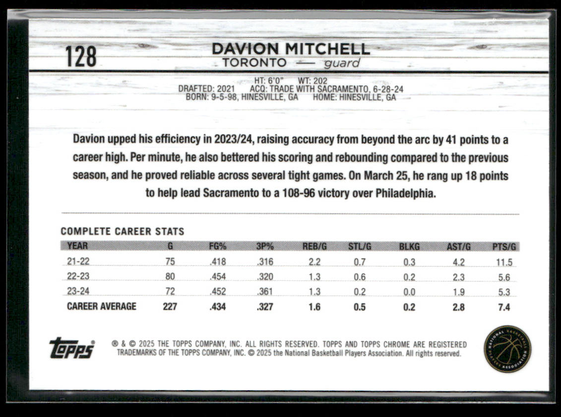 Davion Mitchell 2024-25 Topps Chrome #128 Toronto Raptors back