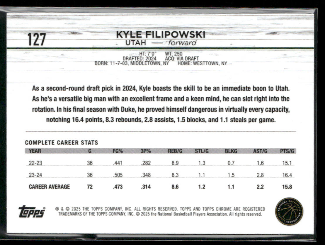 Kyle Filipowski 2024-25 Topps Chrome #127 RC Utah Jazz back