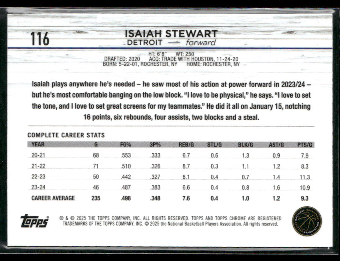 Isaiah Stewart 2024-25 Topps Chrome #116 Detroit Pistons back