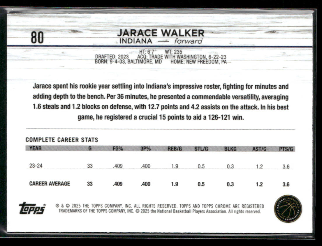 Jarace Walker 2024-25 Topps Chrome #80 Indiana Pacers back