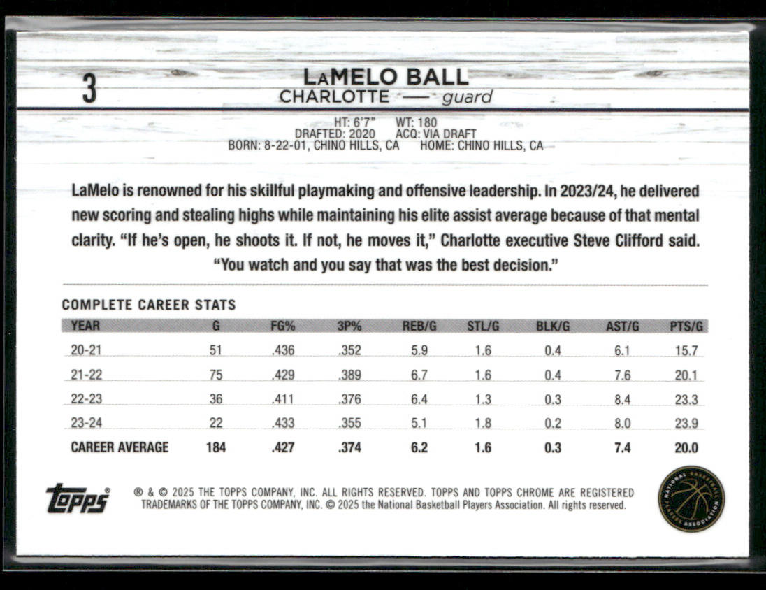 LaMelo Ball 2024-25 Topps Chrome #3 Charlotte Hornets back