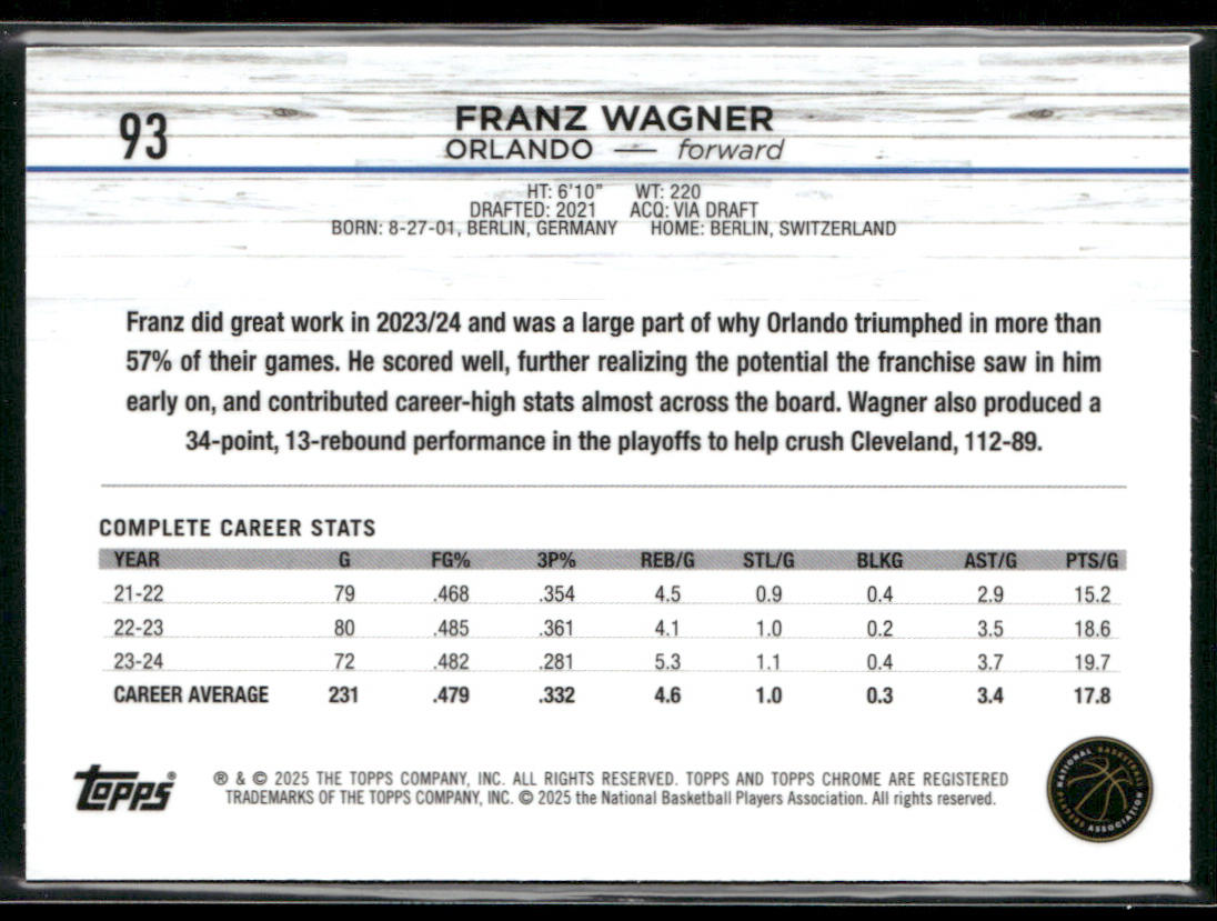 Franz Wagner 2024-25 Topps Chrome #93 Orlando Magic back