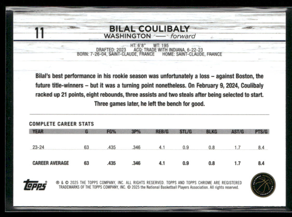 Bilal Coulibaly 2024-25 Topps Chrome #11 Washington Wizards back