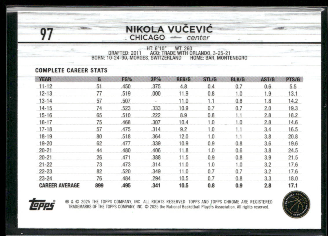 Nikola Vučević 2024-25 Topps Chrome Topps Green Refractor #97 Chicago Bulls