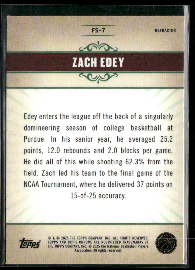 Zach Edey 2024-25 Topps Chrome Fresh Start Refractor #FS-7 Memphis Grizzlies