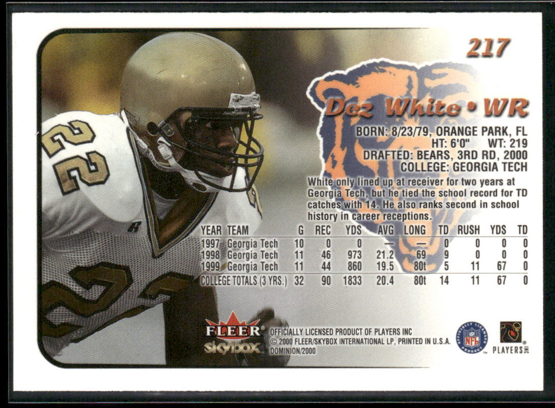 Dez White 2000 SkyBox Dominion #217 RC Chicago Bears