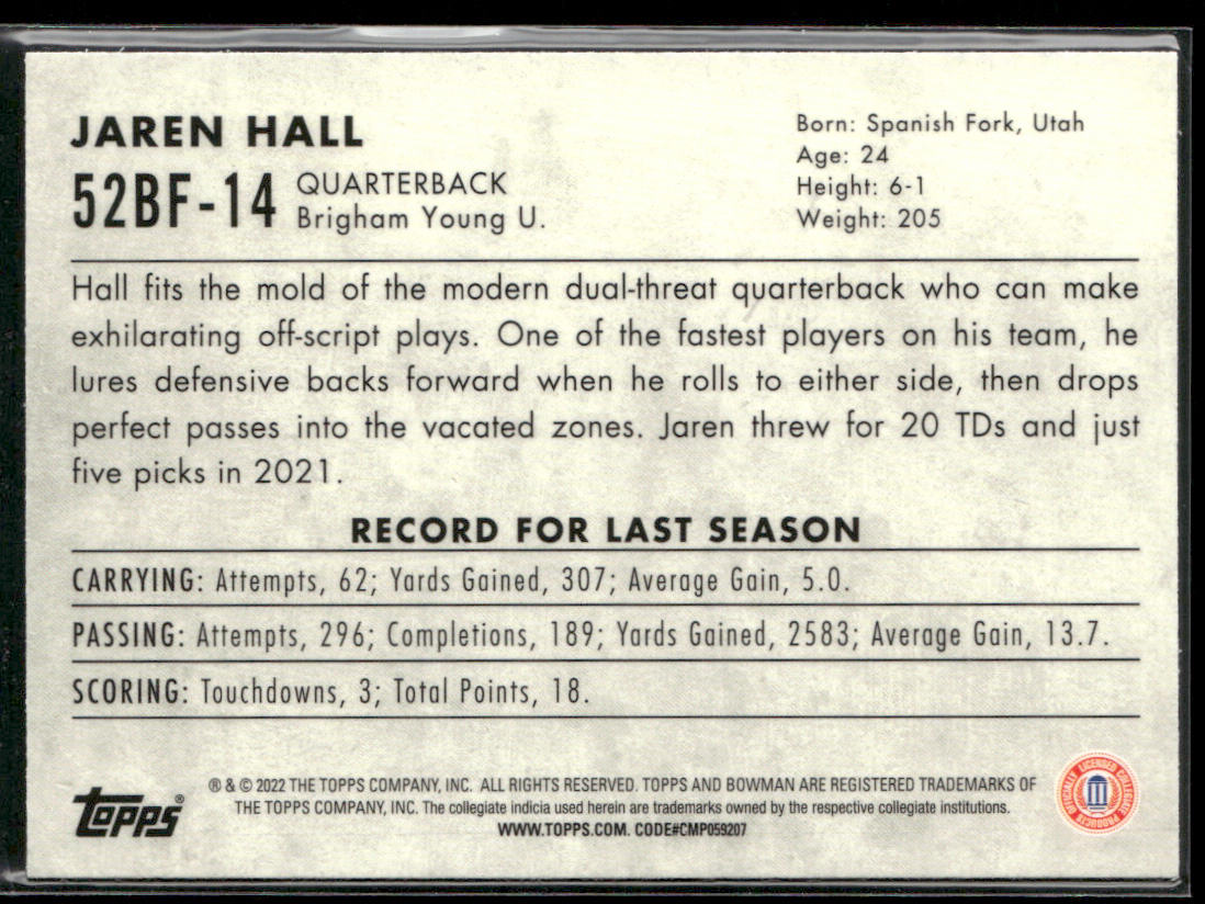 Jaren Hall 2022 Bowman University Chrome 1952 Bowman #52BF-14 BYU Cougars back