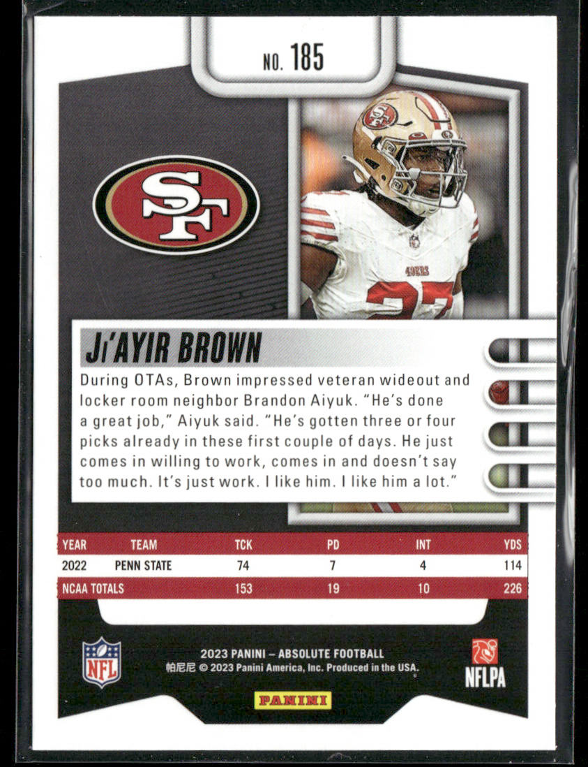 Ji'Ayir Brown 2023 Panini Absolute Retail #185 RC San Francisco 49ers
