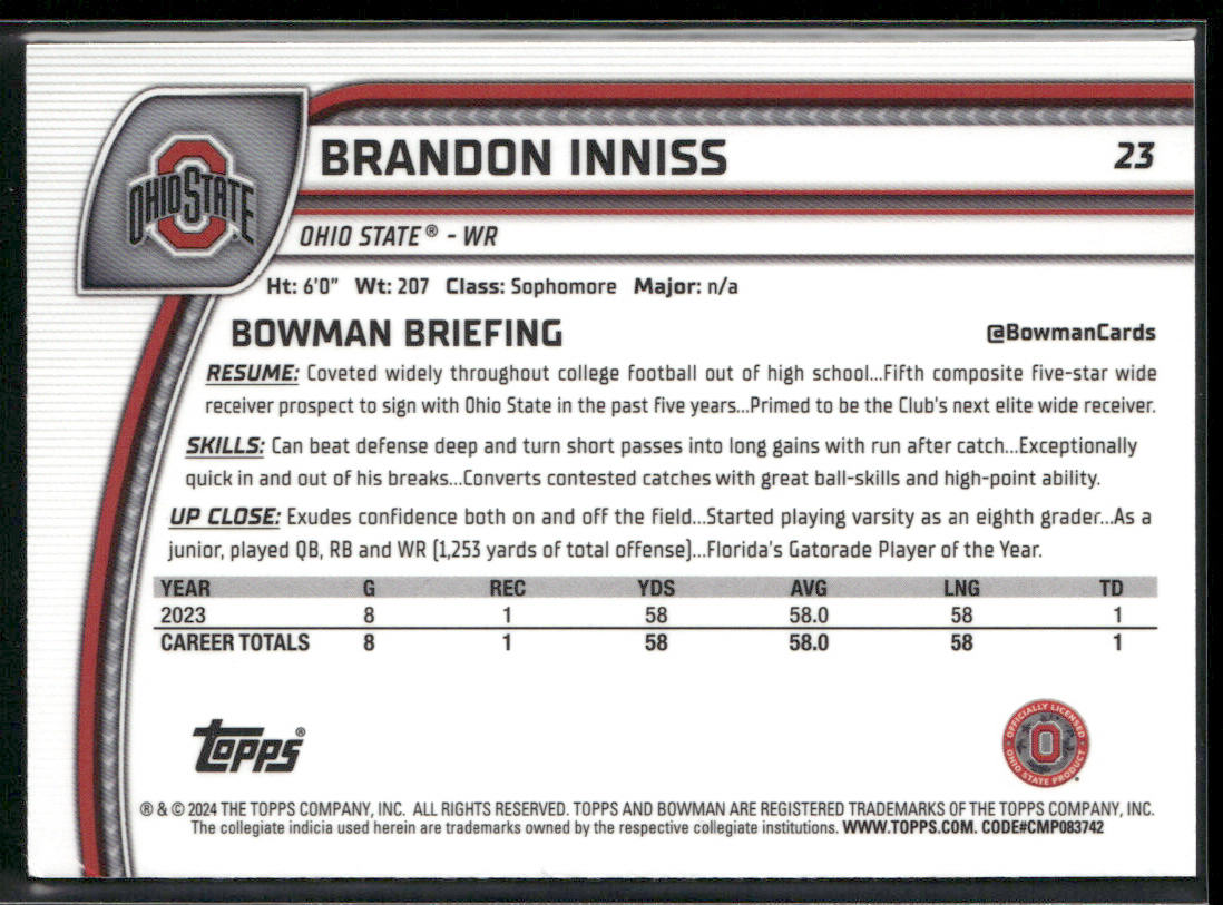 Brandon Inniss 2024 Bowman University Chrome #23 Ohio State Buckeyes