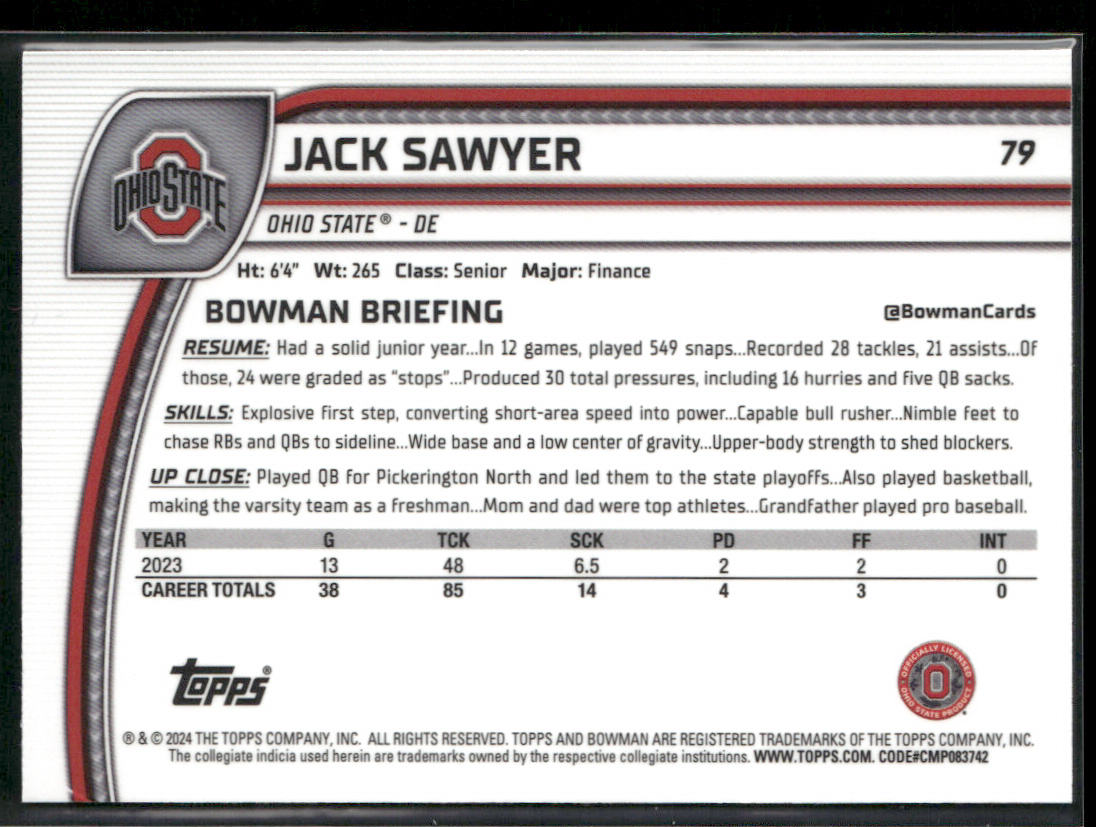 Jack Sawyer 2024 Bowman University Chrome #79 Ohio State Buckeyes