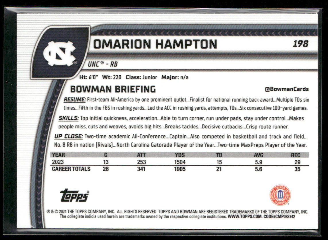 Omarion Hampton 2024 Bowman University Chrome #198 North Carolina Tar Heels