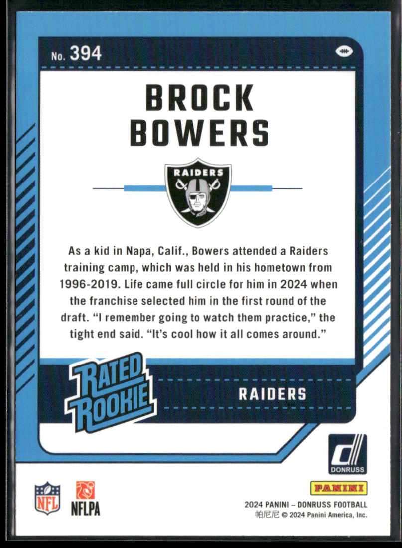 Brock Bowers 2024 Donruss #394 RC Las Vegas Raiders back