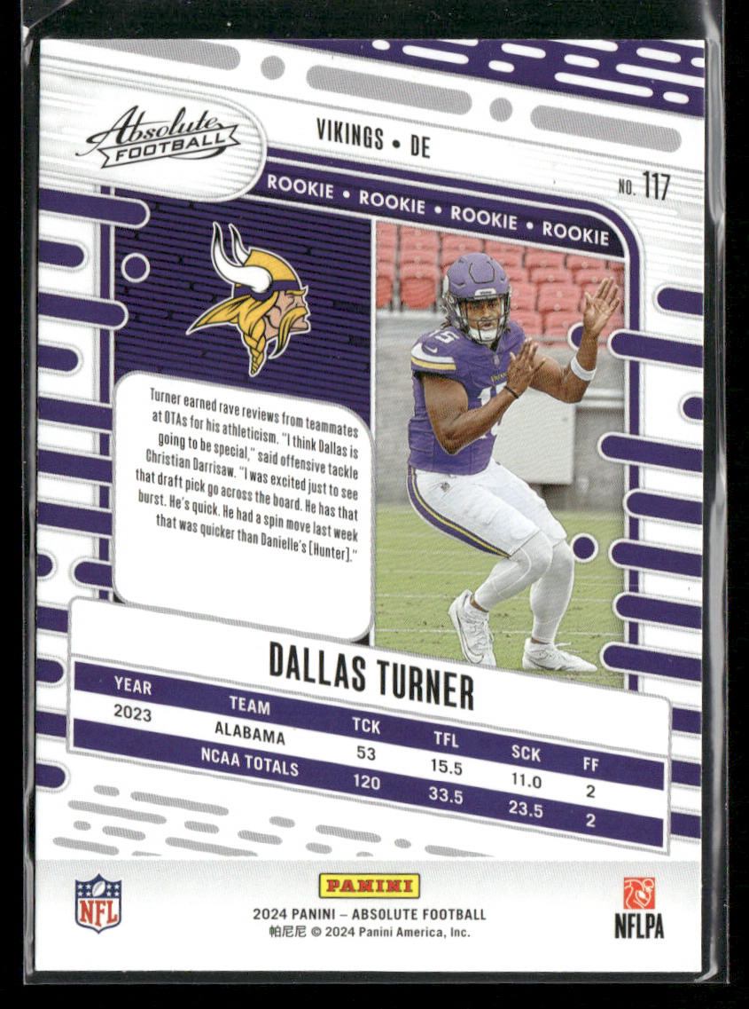 Dallas Turner 2024 Panini Absolute Retail #117 RC Minnesota Vikings back