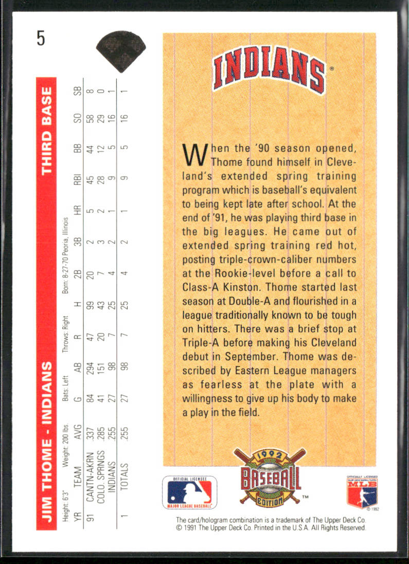Jim Thome 1992 Upper Deck #5 Cleveland Indians back